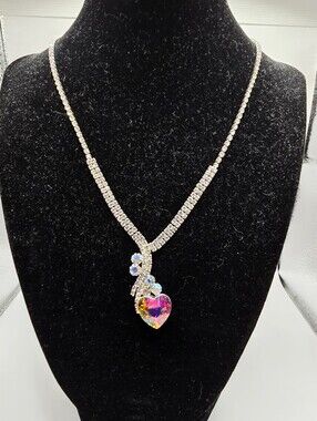 Unbranded Silver Tone Rhinestone Tennis Necklace Rainbow Heart Pendant